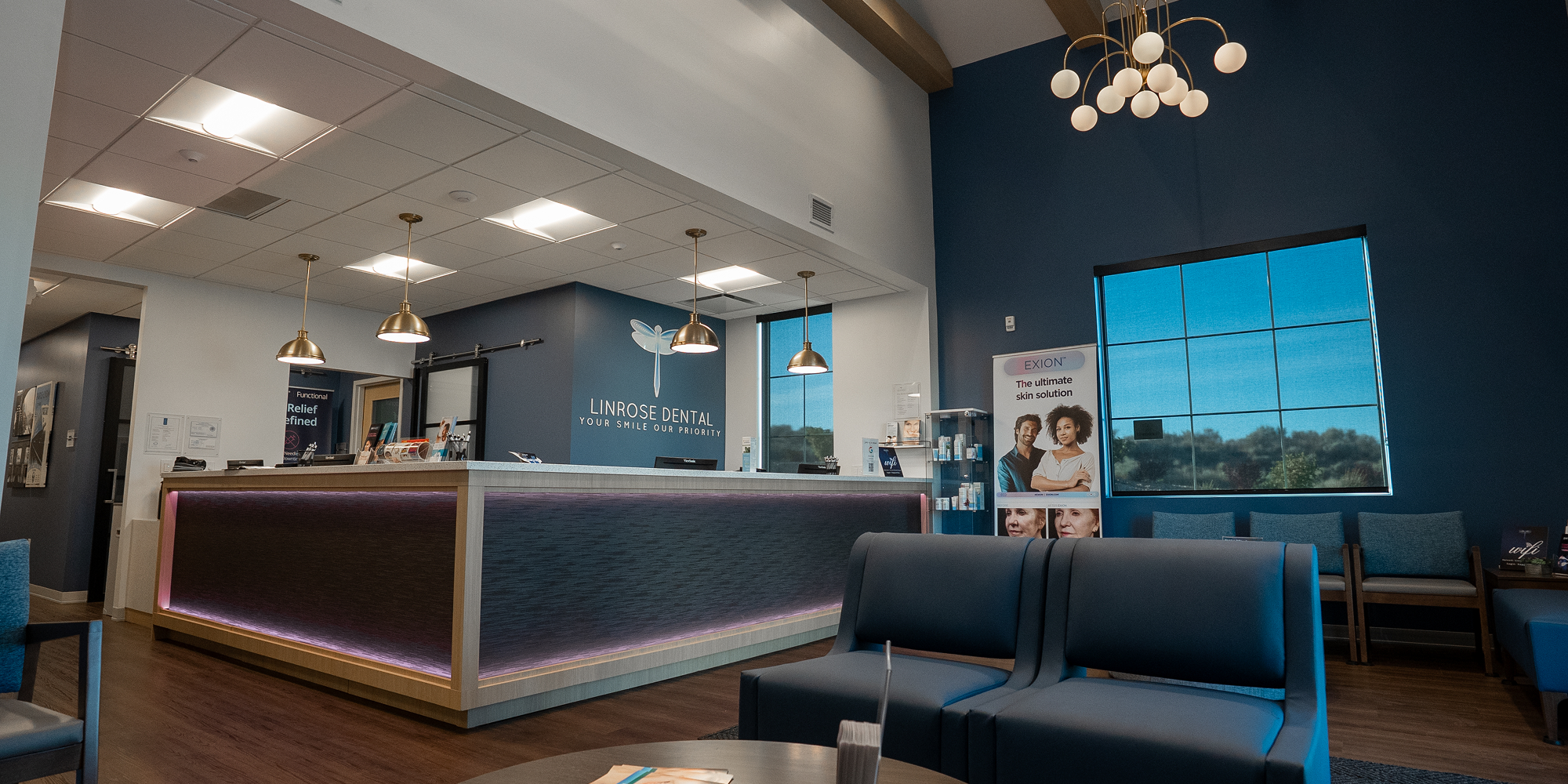 Wide shot of waiting room and reception